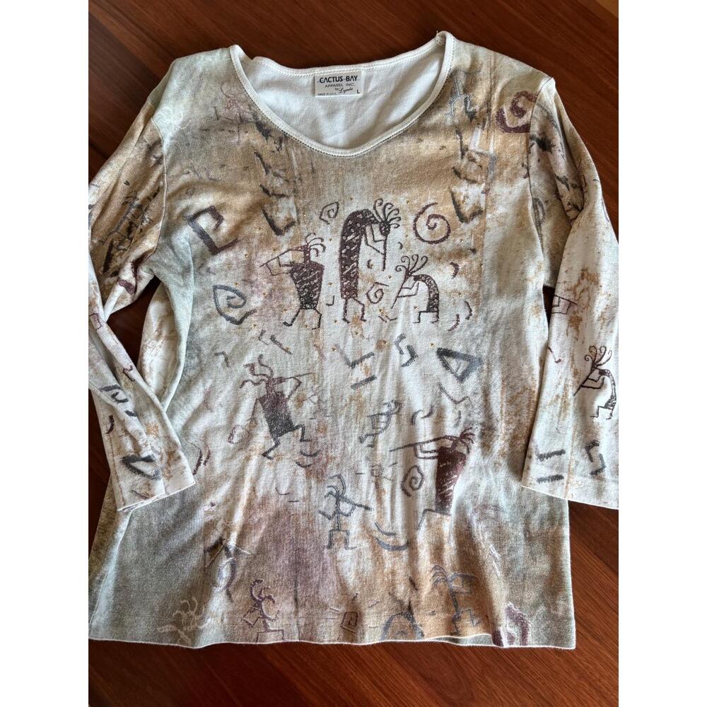 Cactus Bay Womens L Earth Tone Southwestern Kokopelli Print Shirt Boho Y2K